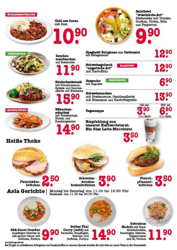 aktuelle Speisekarte für die Scheck-in Gastronomie