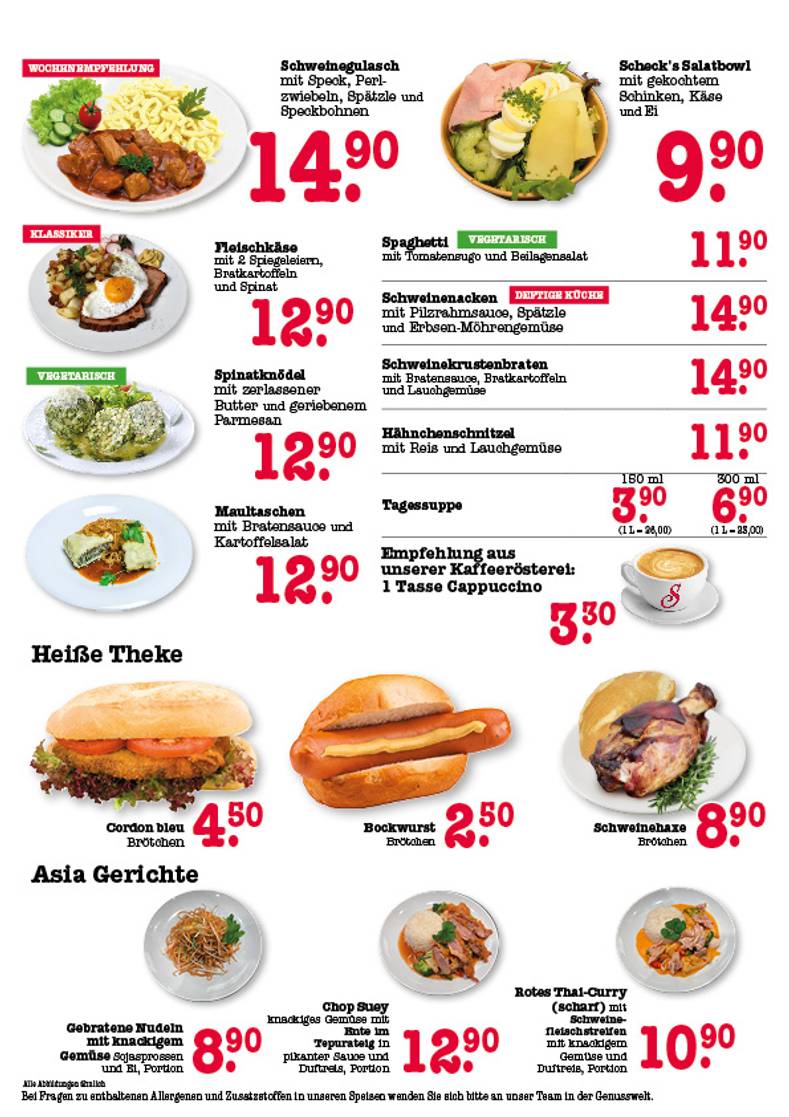 aktuelle Speisekarte für die Scheck-in Gastronomie