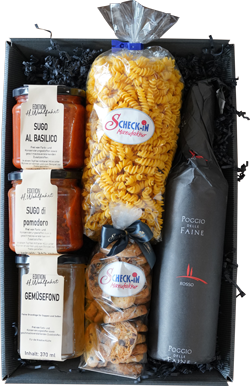 Präsentkorb mit Produkten von Scheck-in